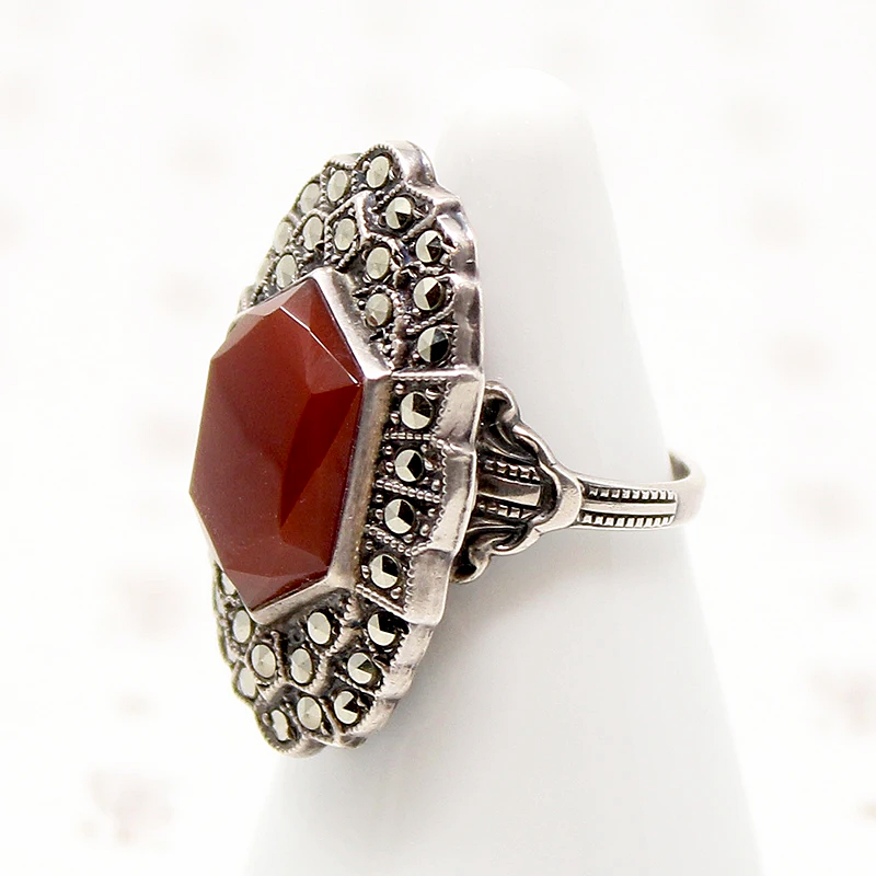 Stunning Carnelian & Marcasite Sterling Art Deco Ring 