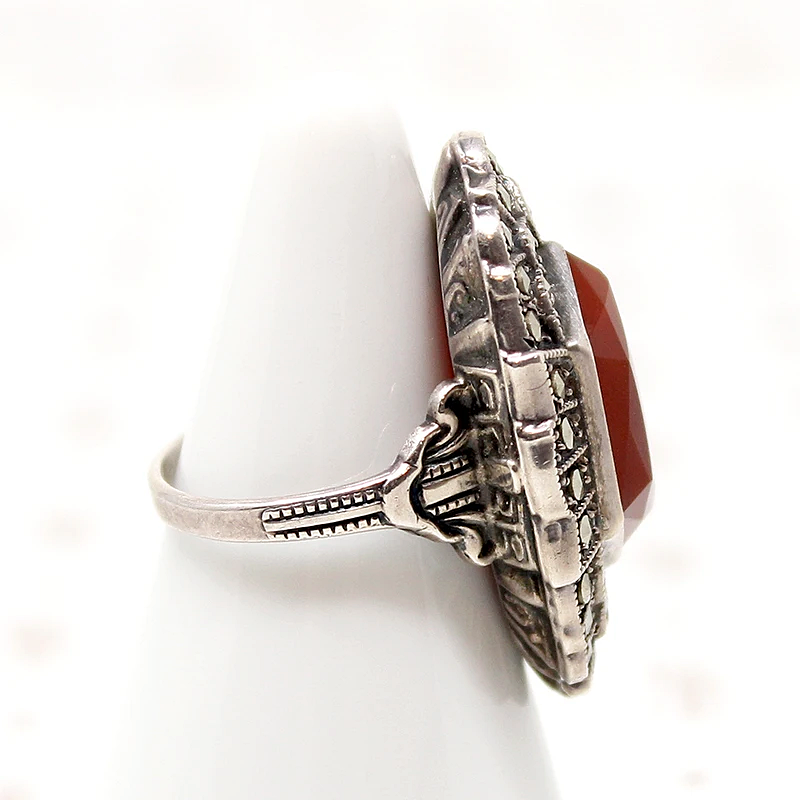 Stunning Carnelian & Marcasite Sterling Art Deco Ring 
