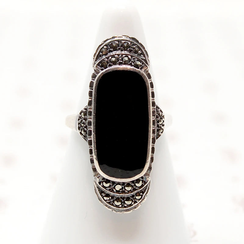 Black Onyx & Glittering Marcasite Art Deco Ring
