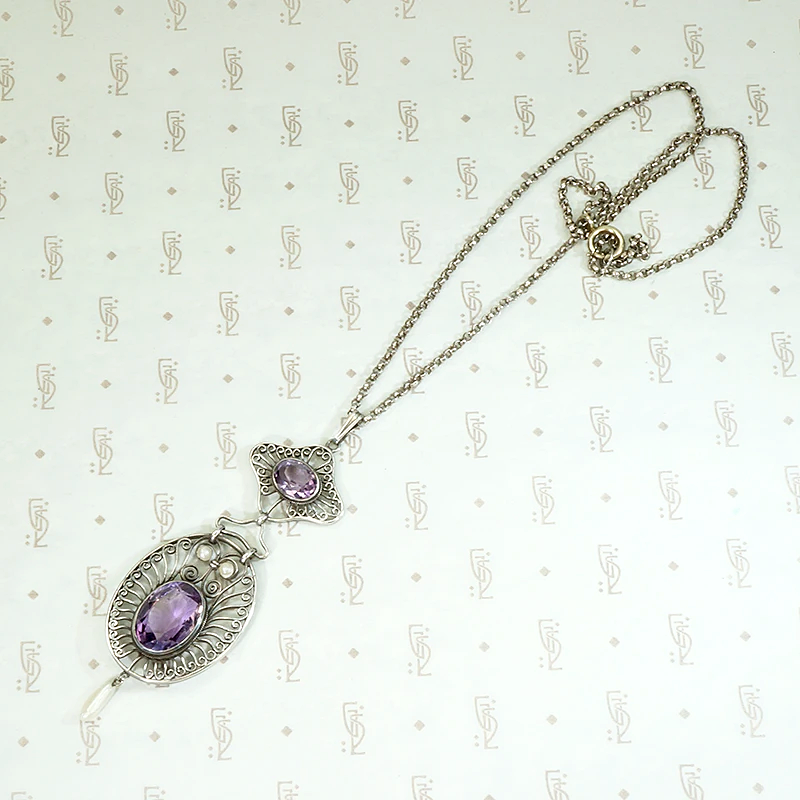 Dreamy Edwardian Amethyst & Pearl Filigree Necklace