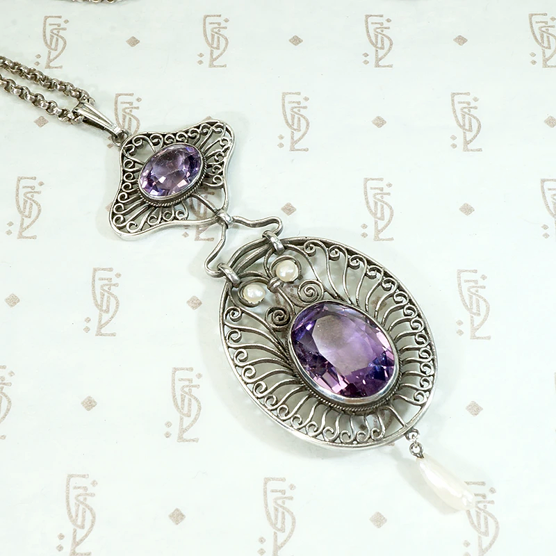 Dreamy Edwardian Amethyst & Pearl Filigree Necklace