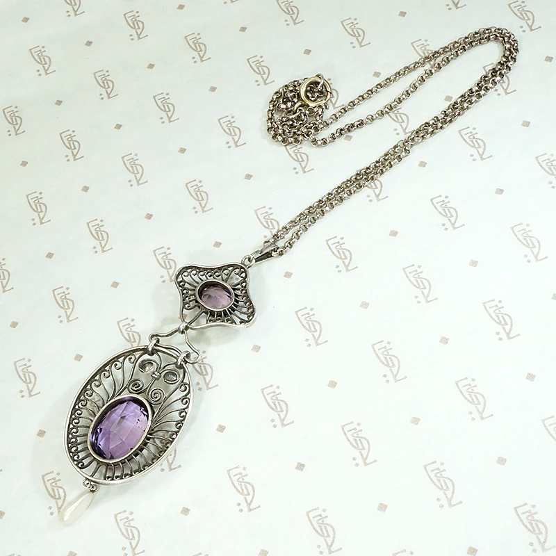 Dreamy Edwardian Amethyst & Pearl Filigree Necklace