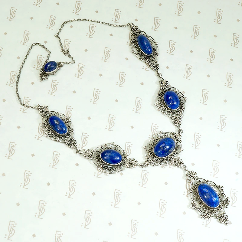 Elaborate Edwardian Lapis & Silver "Y" Necklace