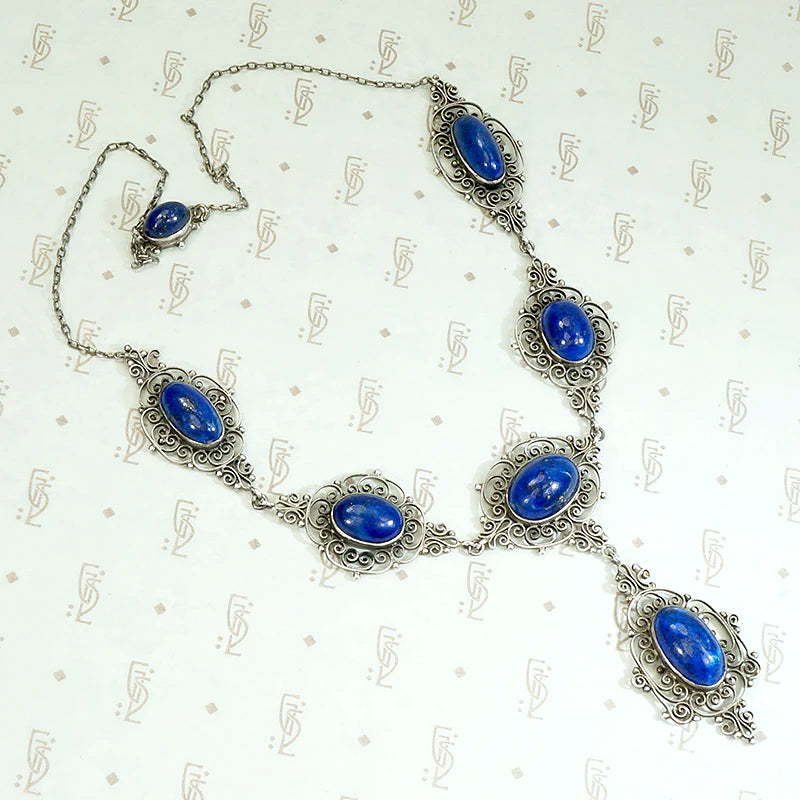 Elaborate Edwardian Lapis & Silver "Y" Necklace