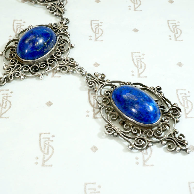 Elaborate Edwardian Lapis & Silver "Y" Necklace