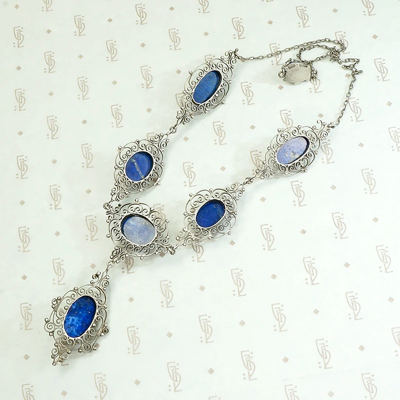 Elaborate Edwardian Lapis & Silver "Y" Necklace