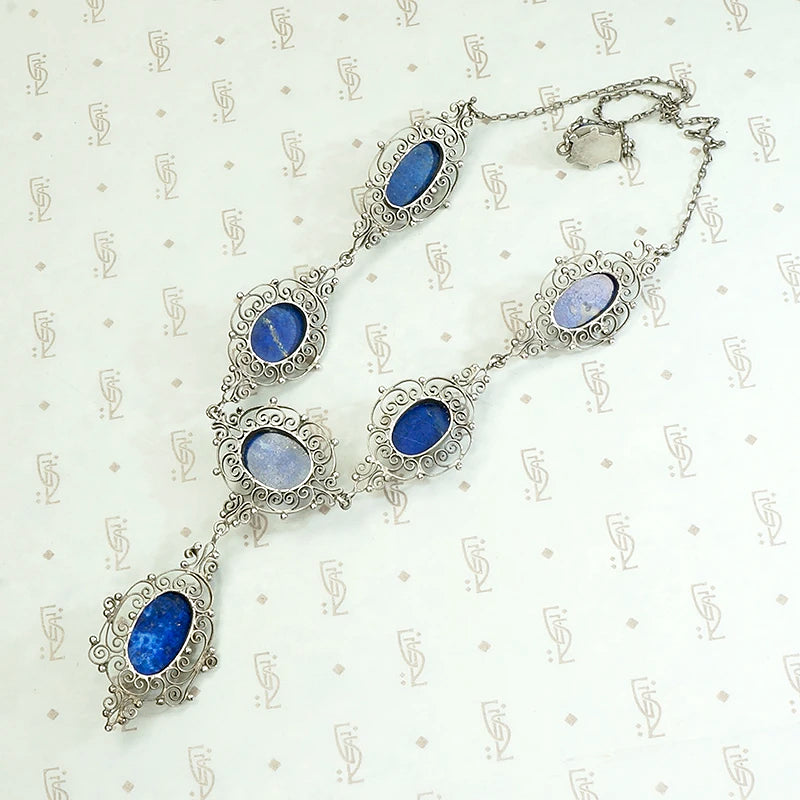 Elaborate Edwardian Lapis & Silver "Y" Necklace
