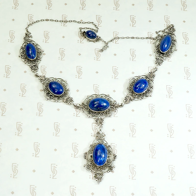 Elaborate Edwardian Lapis & Silver "Y" Necklace