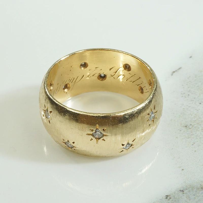 Wide Gold Star Set Diamond Band with Florentine Finish