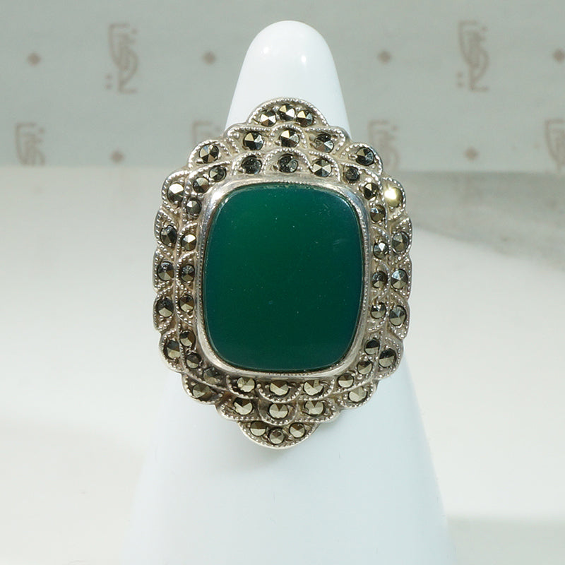 Chrysoprase Sterling Marcasite Deco Ring