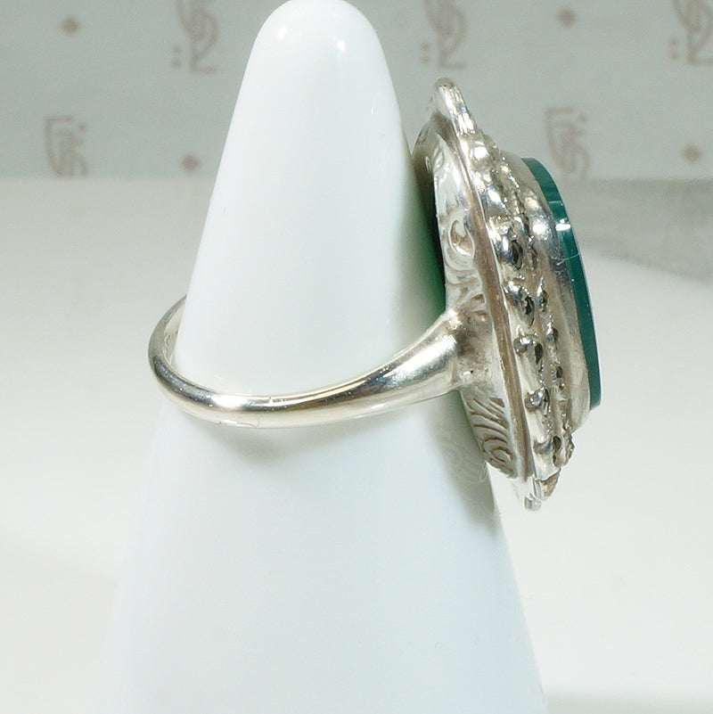 Chrysoprase Sterling Marcasite Deco Ring