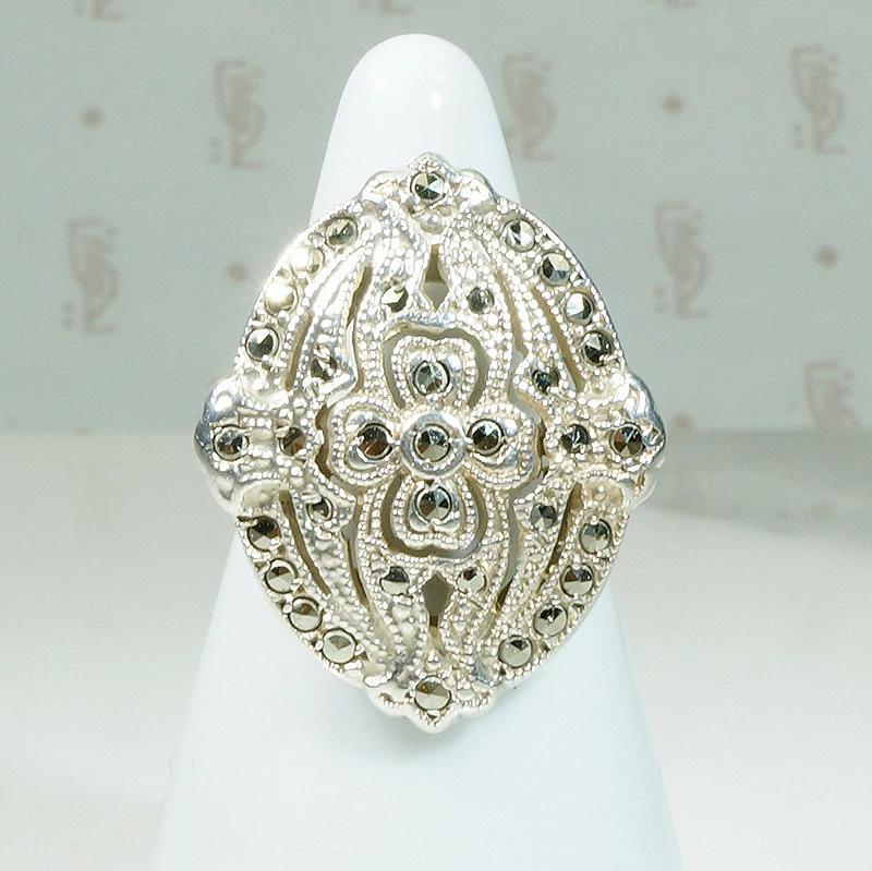 Frosty Flower Marcasite Spangled Shield Ring