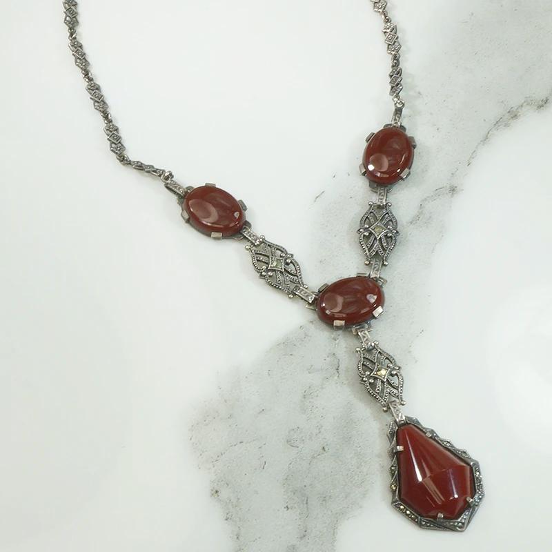 Carnelian Deco Sterling Marcasite Necklace