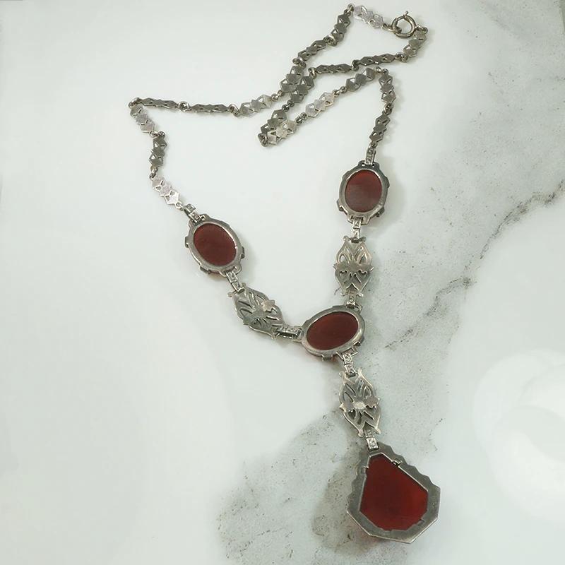Carnelian Deco Sterling Marcasite Necklace