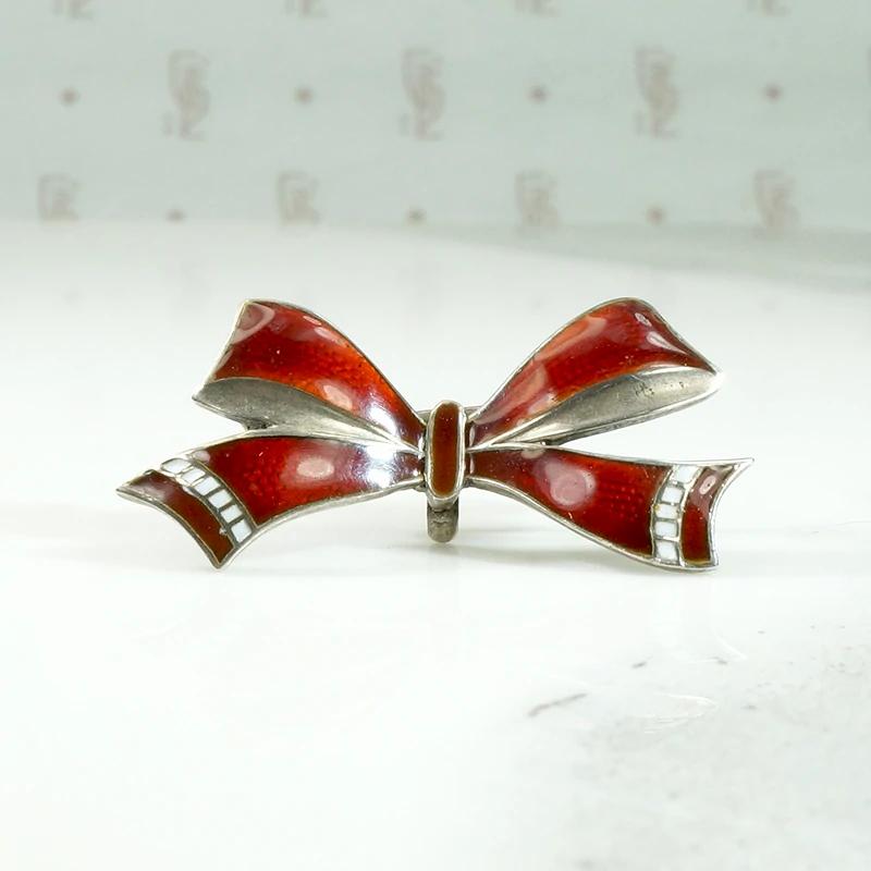 Sweet Festive Enameled Silver Bow Brooch