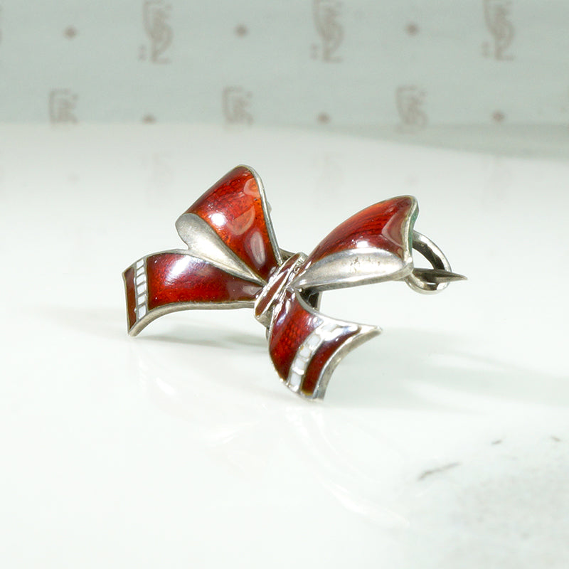 Sweet Festive Enameled Silver Bow Brooch