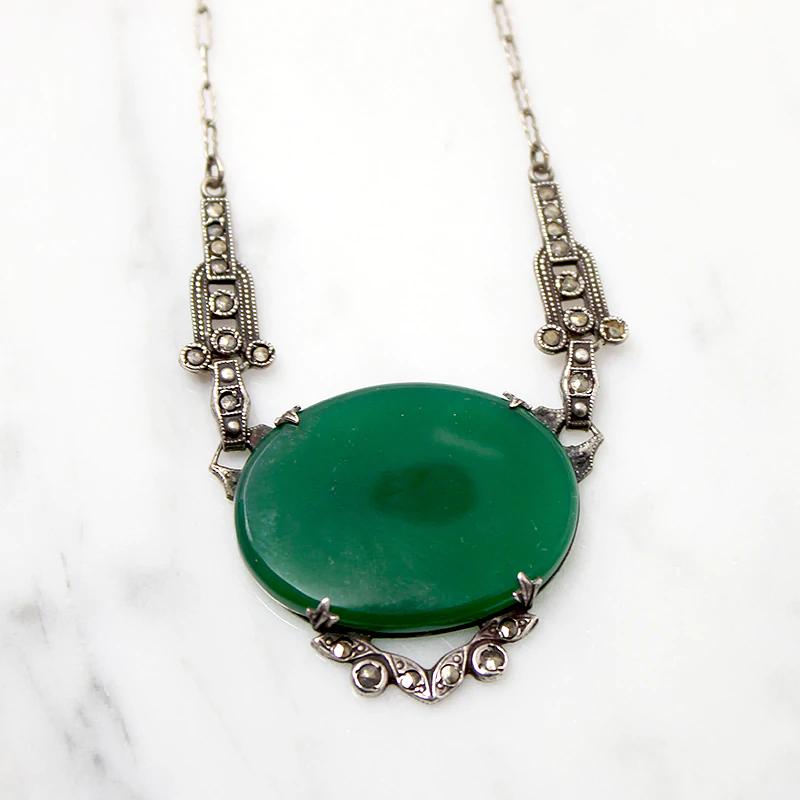 Glowing Green Chrysoprase Necklace with Marcasite
