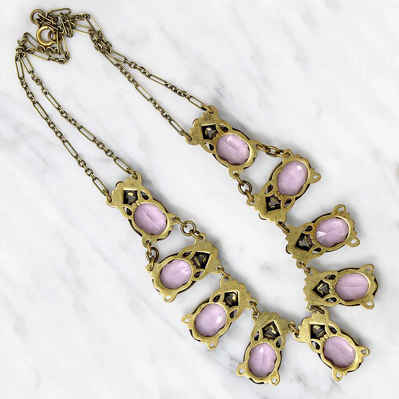 Enameled Brass & Purple Glass Necklace