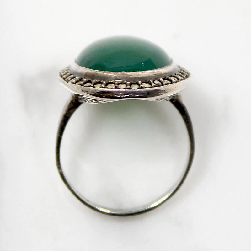 Perfect Green Chrysoprase Marcasite & Sterling Ring