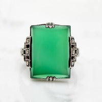 Architectural Deco Ring with Chrysoprase & Marcasite