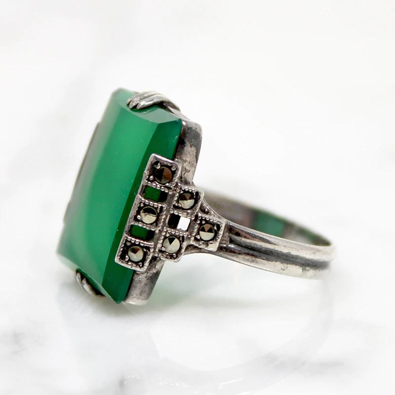 Architectural Deco Ring with Chrysoprase & Marcasite