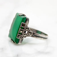 Architectural Deco Ring with Chrysoprase & Marcasite