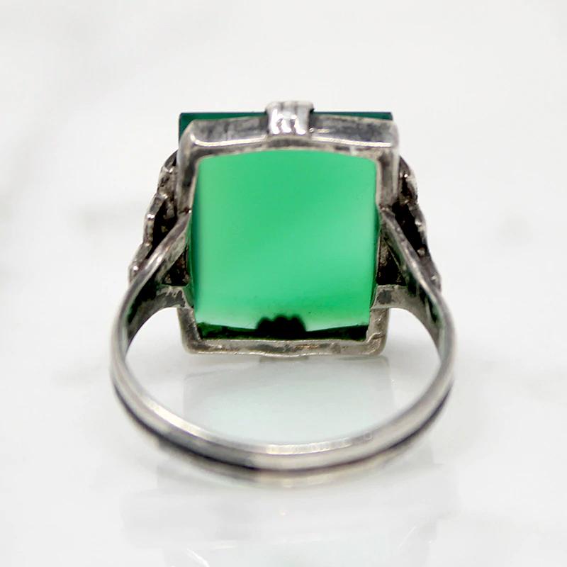 Architectural Deco Ring with Chrysoprase & Marcasite