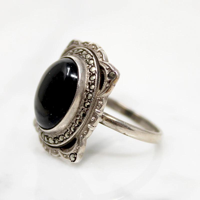 Darkly Romantic 1920s Onyx & Marcasite Ring
