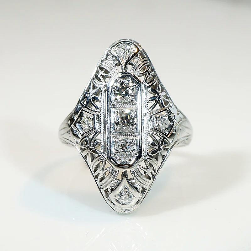 Filigreed 18k White Gold Deco Diamond Knuckle Ring