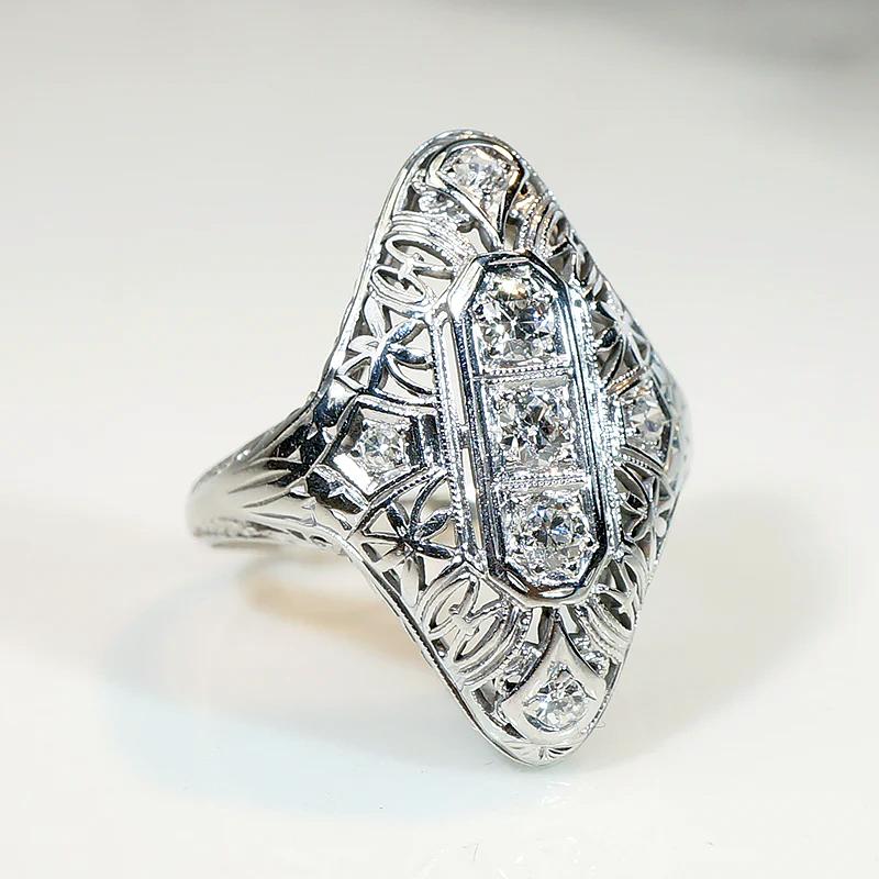 Filigreed 18k White Gold Deco Diamond Knuckle Ring