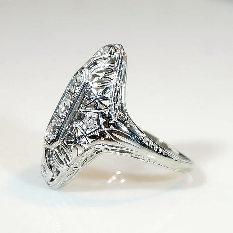 Filigreed 18k White Gold Deco Diamond Knuckle Ring