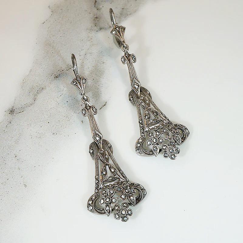 Stunning European Silver & Marcasite Drop Earrings