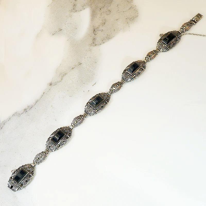 Moody German Art Deco Agate & Marcasite Bracelet
