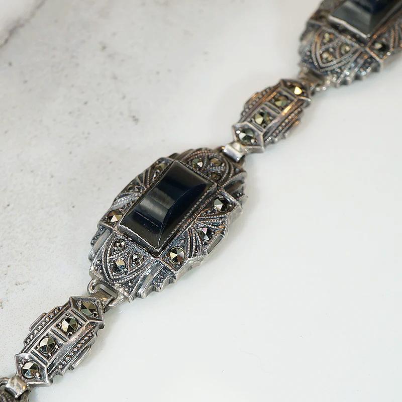 Moody German Art Deco Agate & Marcasite Bracelet