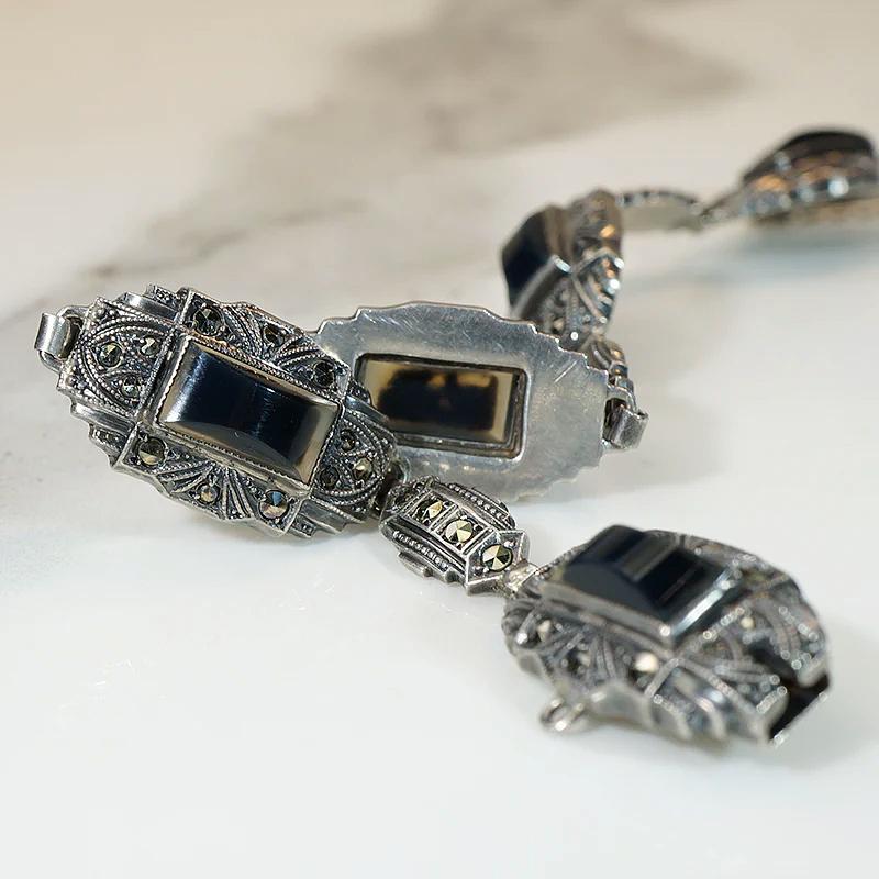 Moody German Art Deco Agate & Marcasite Bracelet