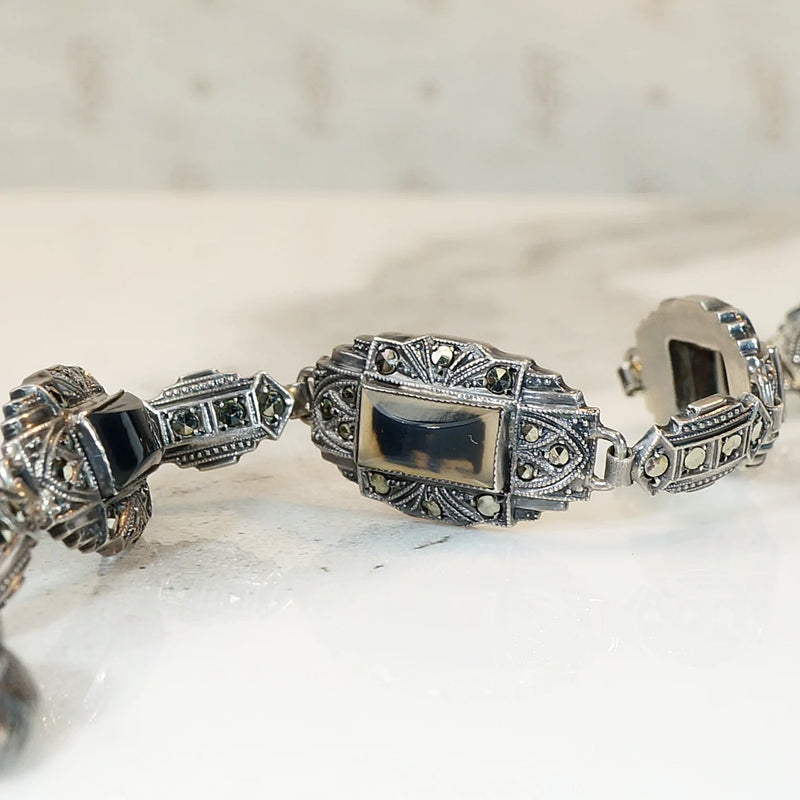 Moody German Art Deco Agate & Marcasite Bracelet