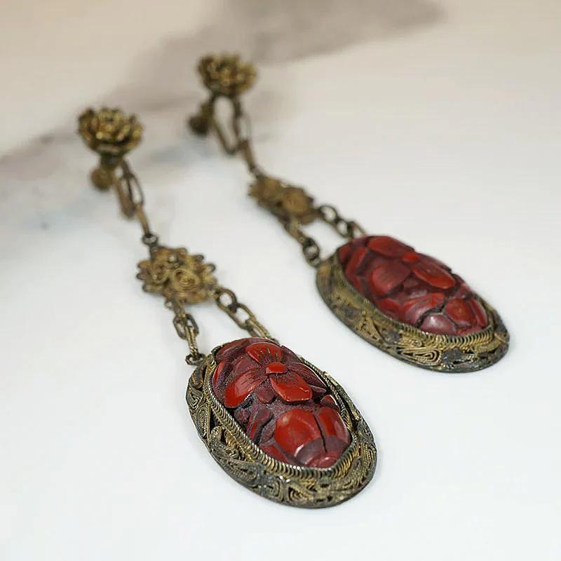 Decadent Cinnabar & Brass Filigree Earrings