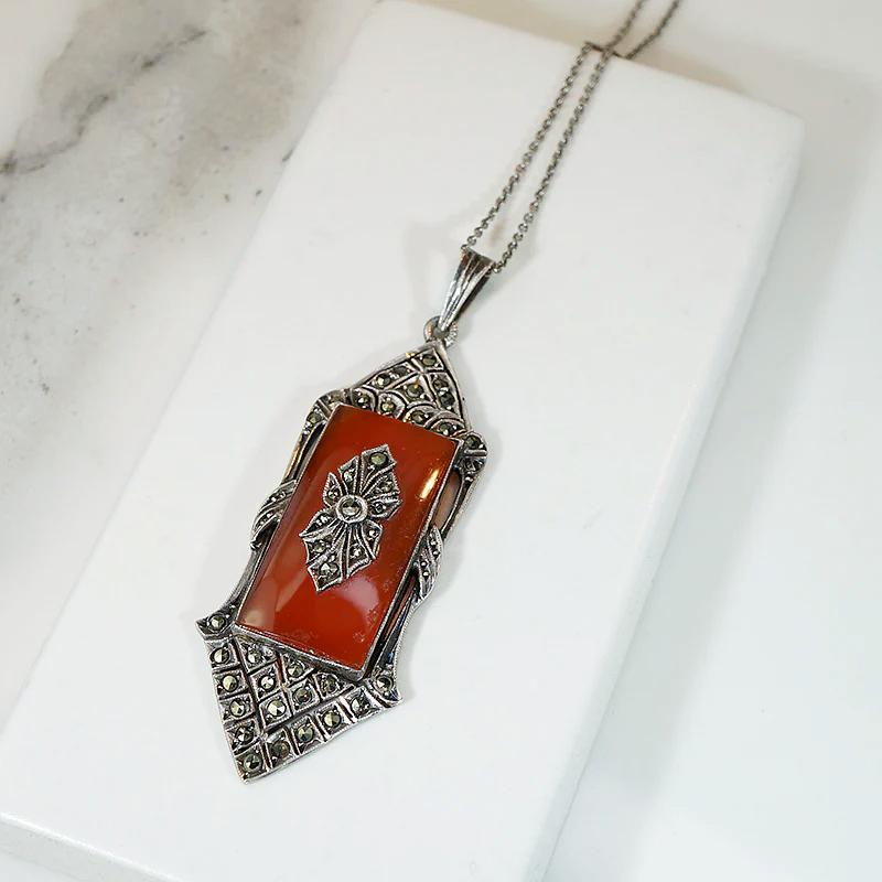 Lovely German Deco Pendant in Silver, Carnelian & Marcasite