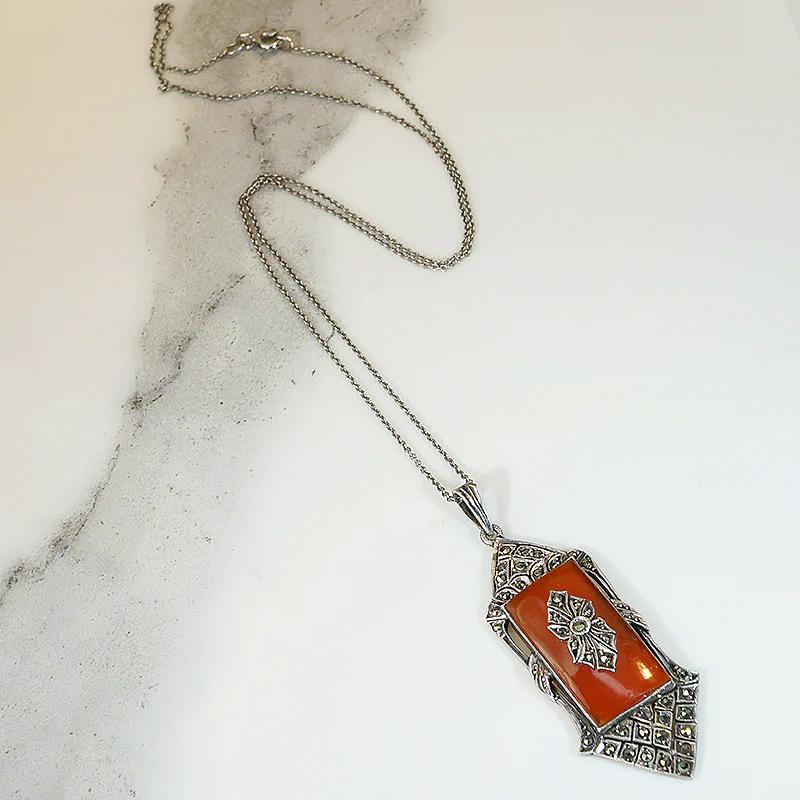 Lovely German Deco Pendant in Silver, Carnelian & Marcasite