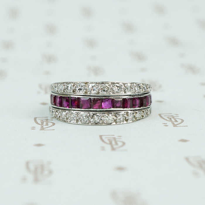 deco platinum diamond emerald and ruby flip eternity band