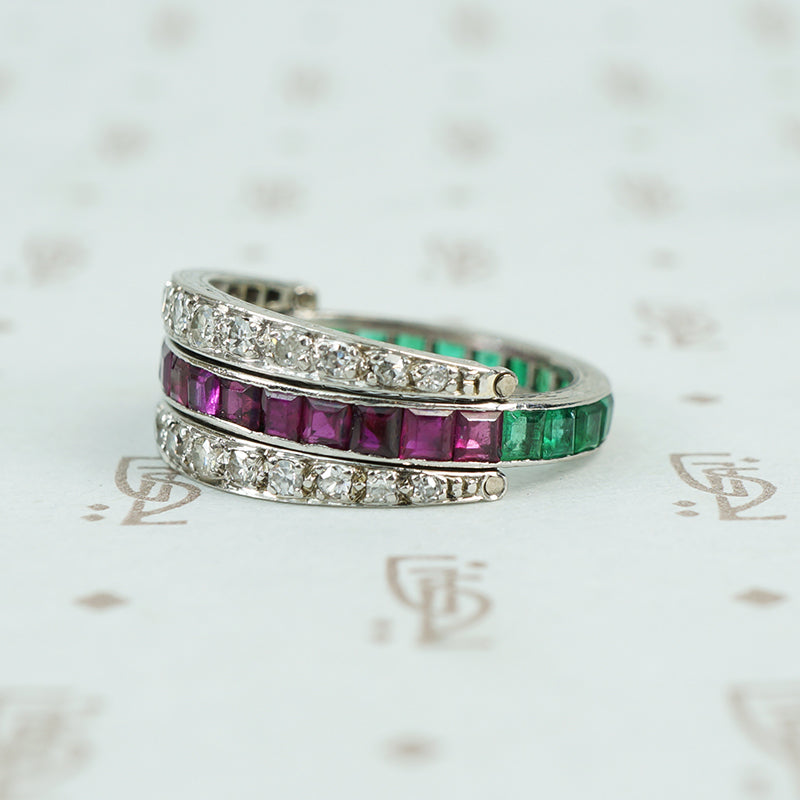 deco platinum diamond emerald and ruby flip eternity band