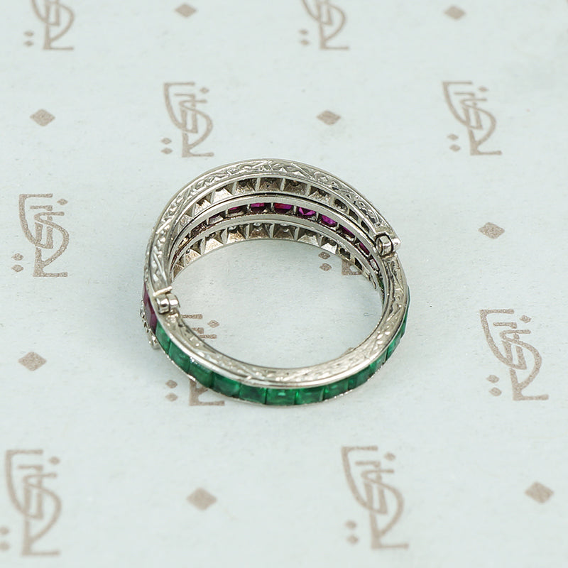 deco platinum diamond emerald and ruby flip eternity band engraving detail