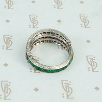 deco platinum diamond emerald and ruby flip eternity band engraving detail
