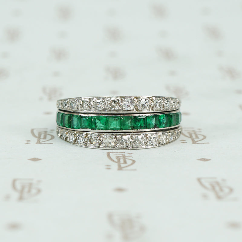 deco platinum diamond emerald and ruby flip eternity band