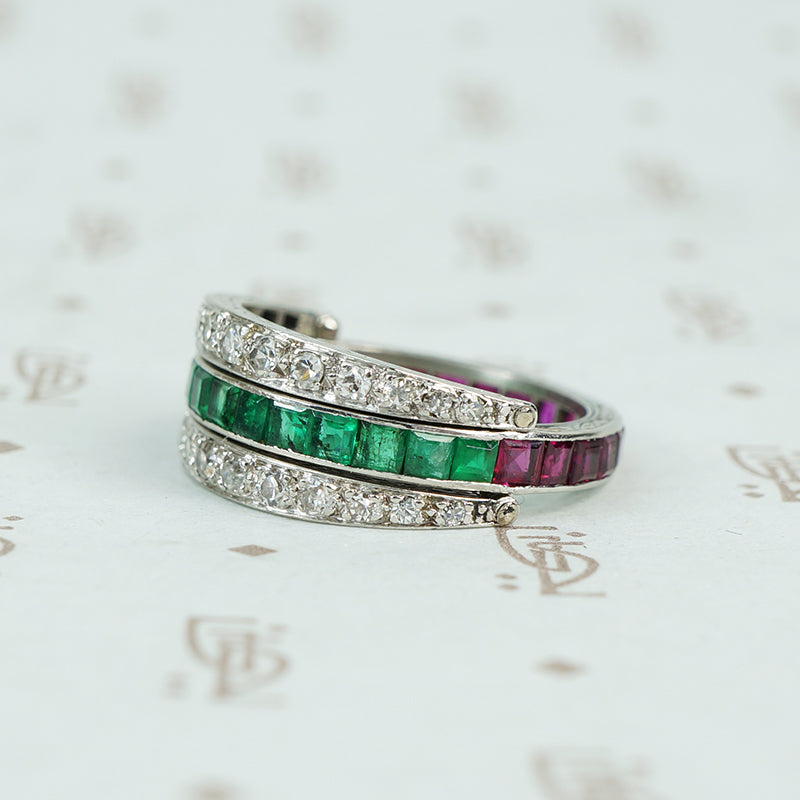deco platinum diamond emerald and ruby flip eternity band