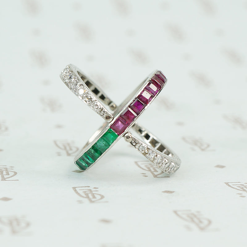 deco platinum diamond emerald and ruby flip eternity band