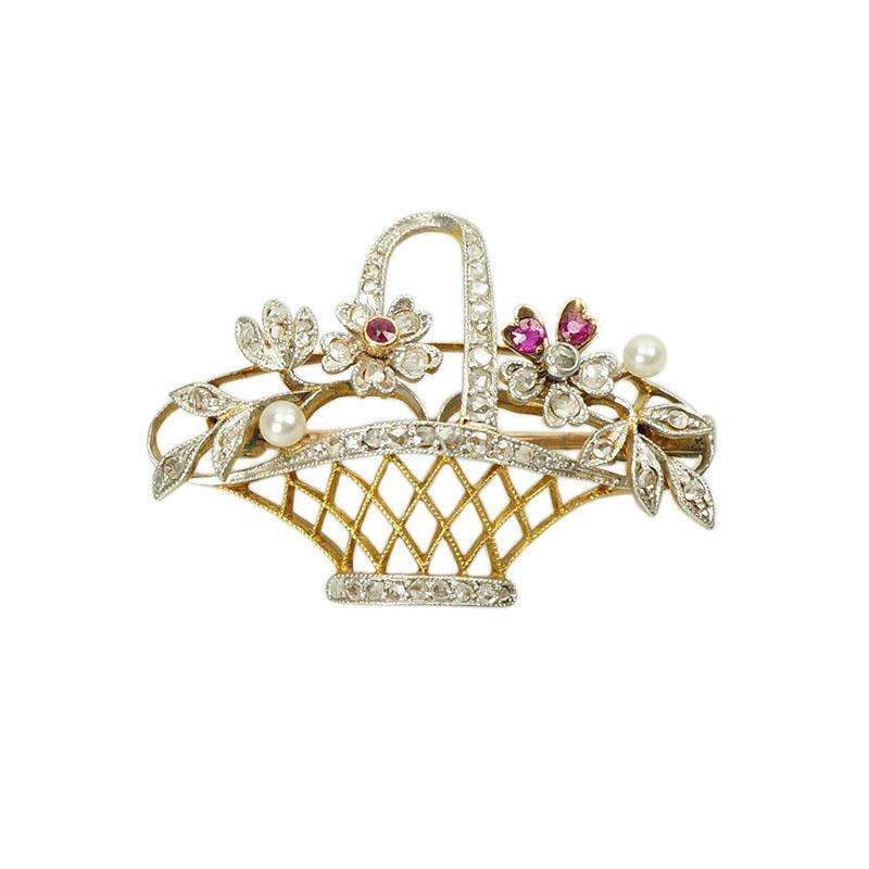 Exceptional Platinum and 18k Gold Flower Basket with Rose Cut Diamonds