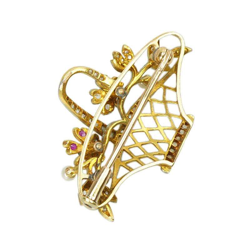 Exceptional Platinum and 18k Gold Flower Basket with Rose Cut Diamonds