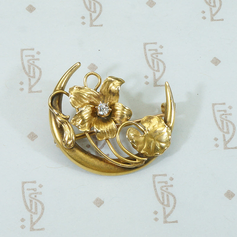 14k yellow gold and diamond crescent moon and flower brooch 