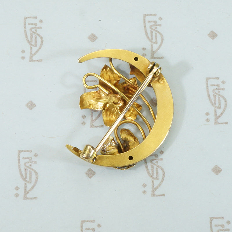 Art Nouveau Crescent Moon Flower Brooch